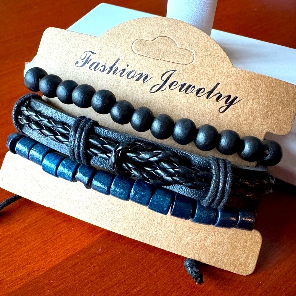 Adjustable Leather Bracelet and Stretch Bracelets Set